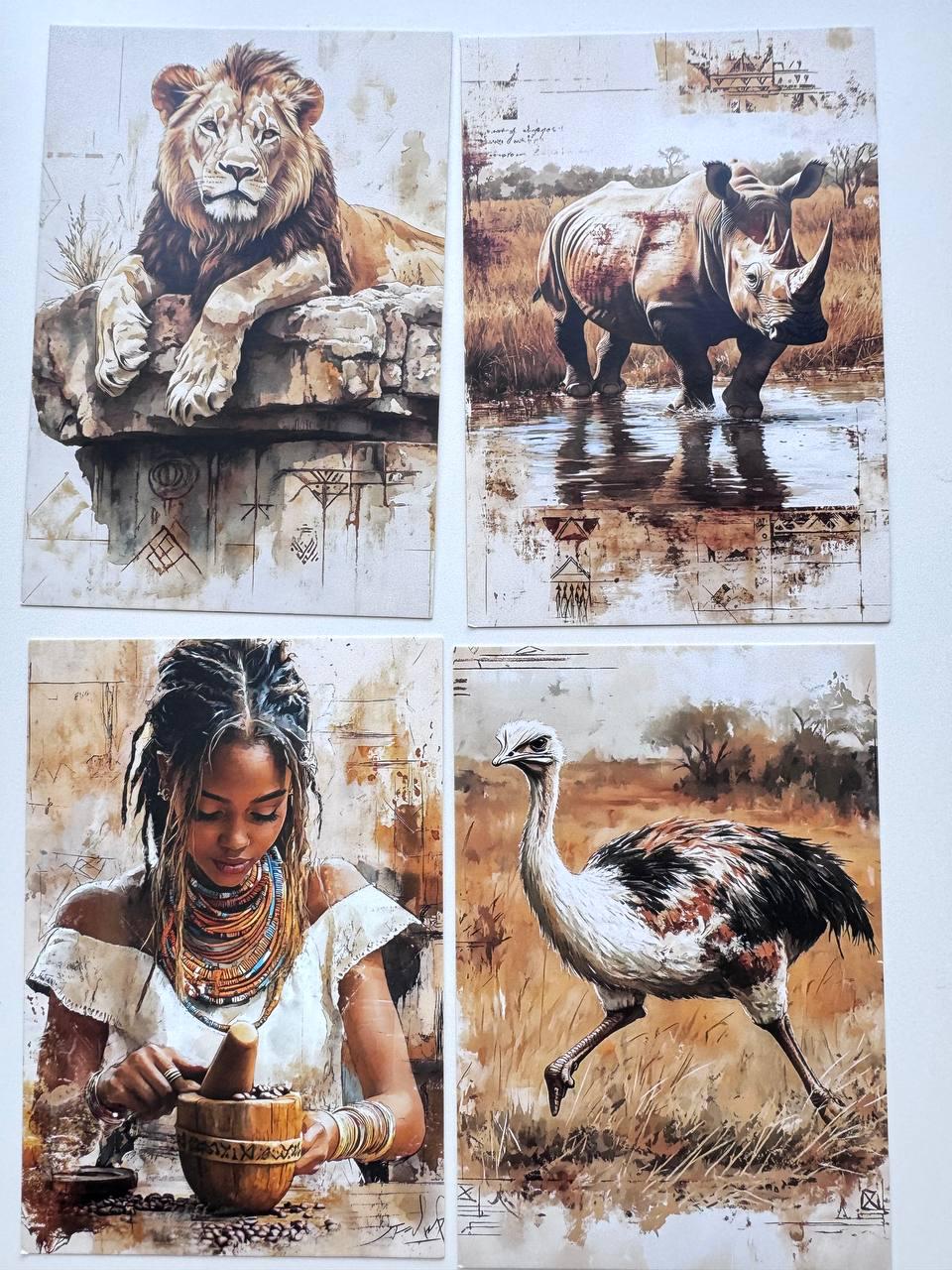 Set of 20 African Art Postcards, African Women & Wildlife Cards, 10 x 14.5 cm, 20 Different Designs, Single-Sided, Junk Journal