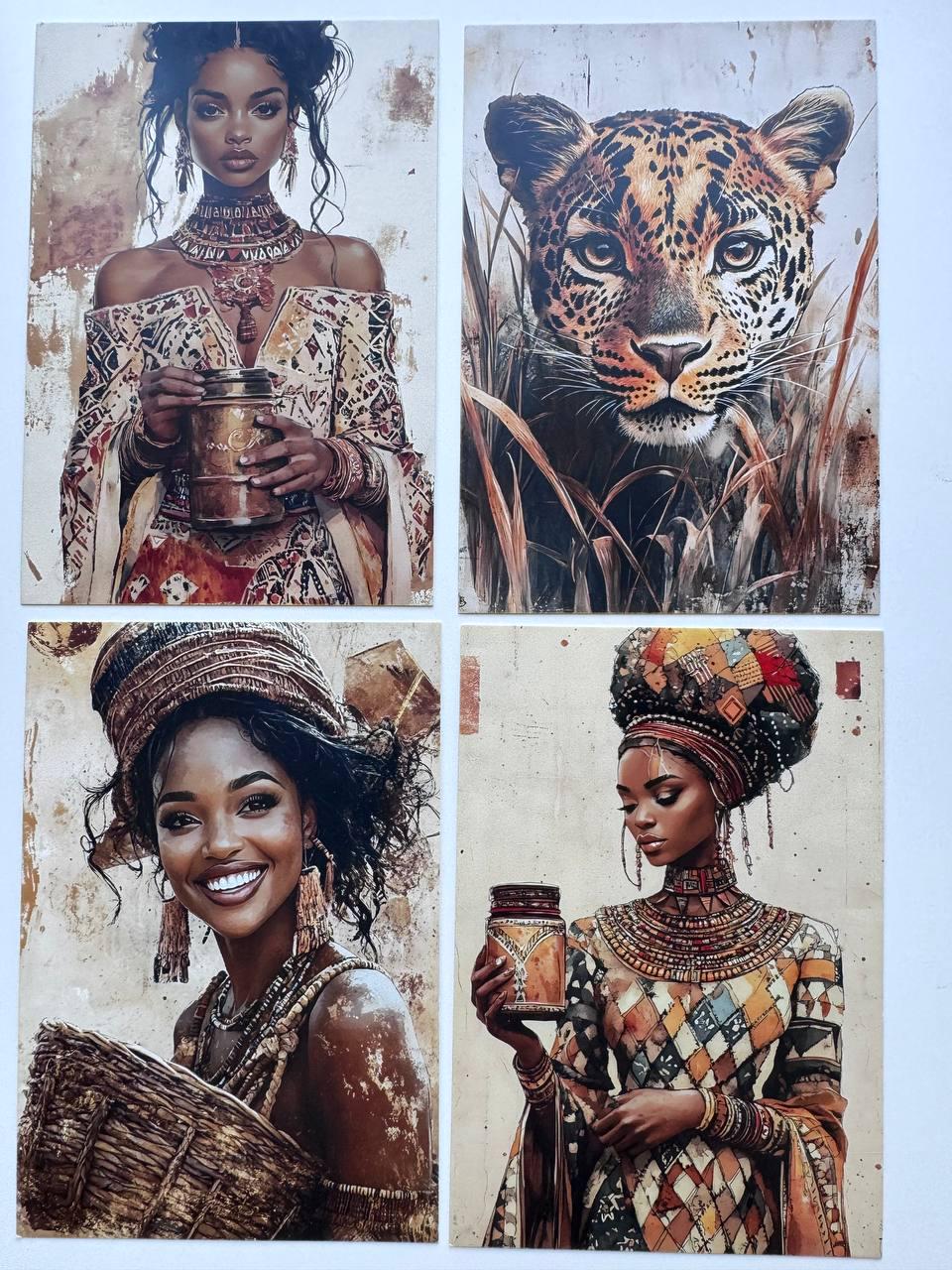 Set of 20 African Art Postcards, African Women & Wildlife Cards, 10 x 14.5 cm, 20 Different Designs, Single-Sided, Junk Journal
