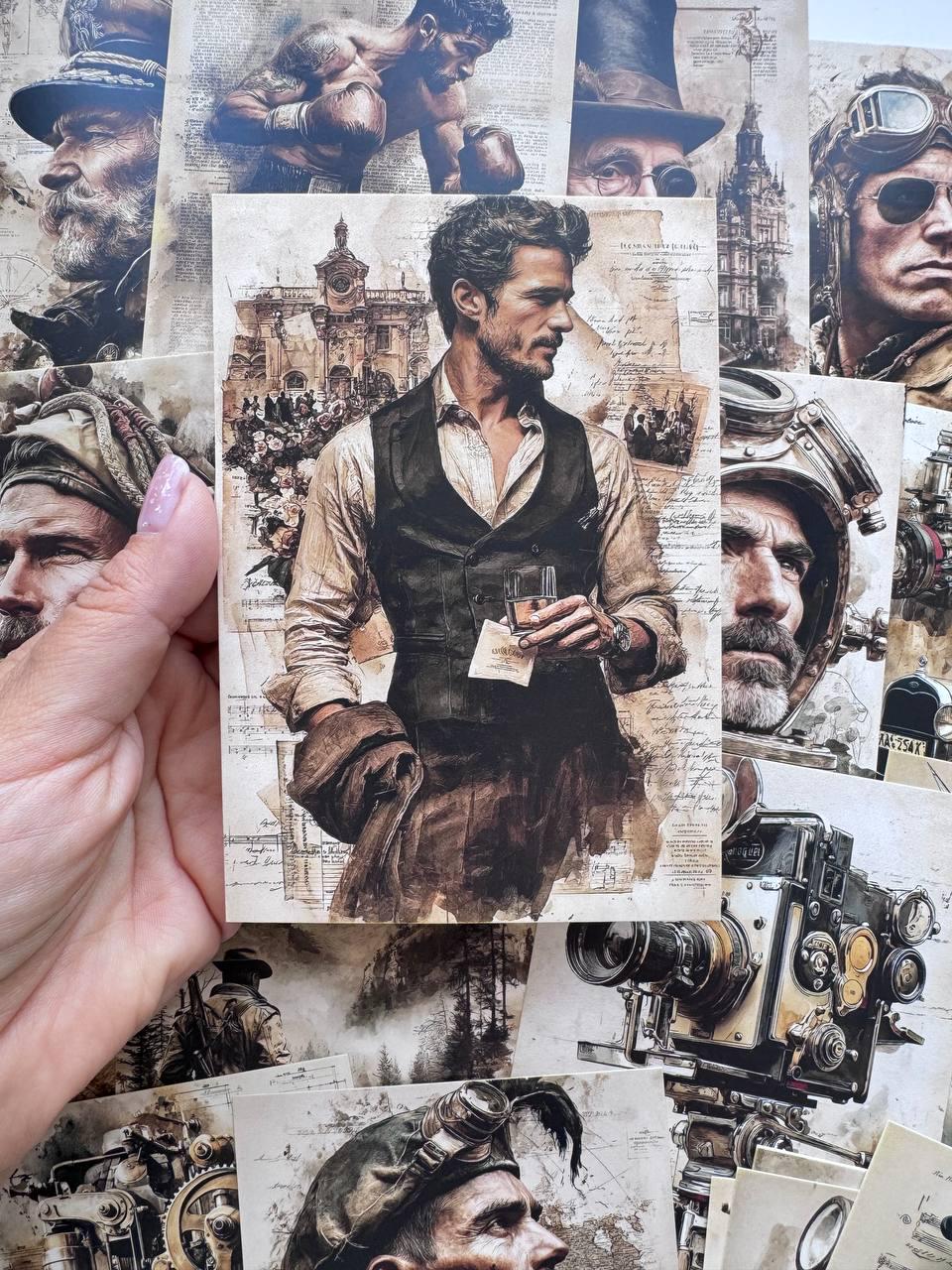 Set of 20 Vintage Men Postcards, Adventure & Travel Cards, Pilot Fisherman Camera Art, 10 x 14.5 cm, Junk Journal Ephemera