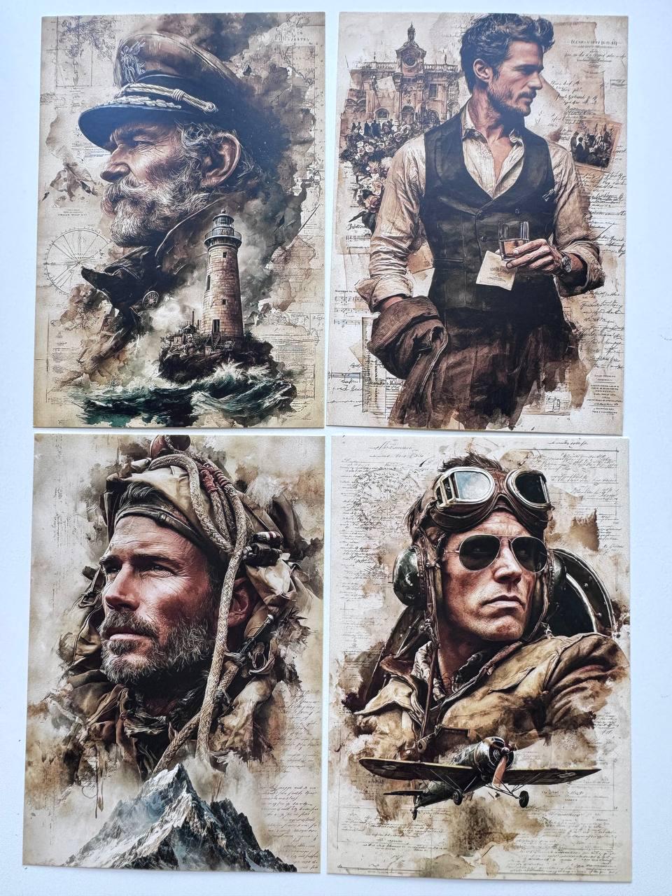 Set of 20 Vintage Men Postcards, Adventure & Travel Cards, Pilot Fisherman Camera Art, 10 x 14.5 cm, Junk Journal Ephemera