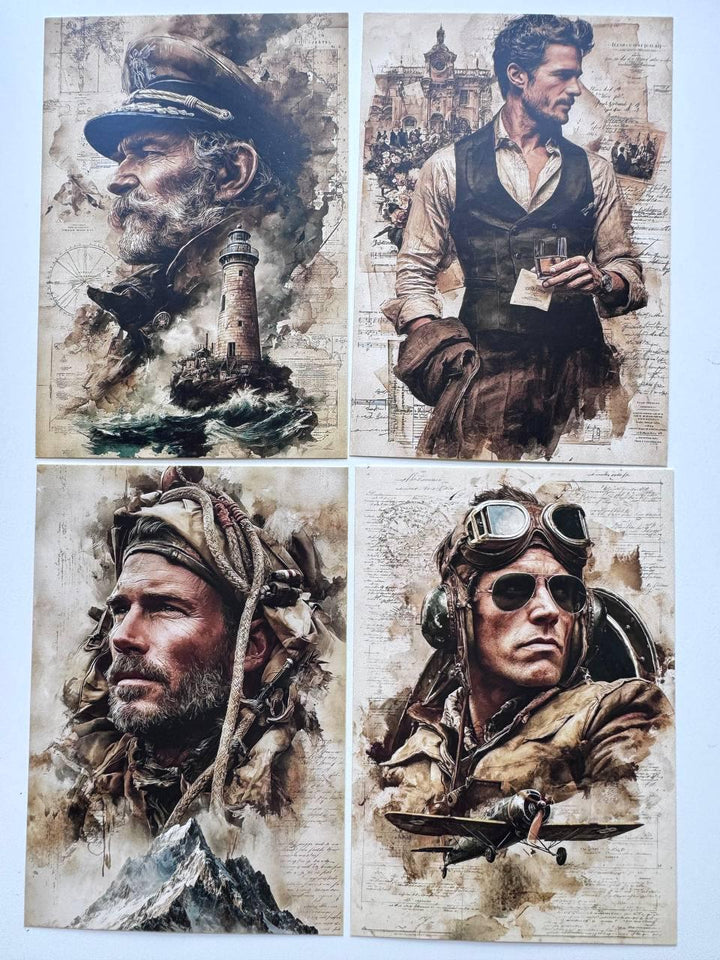 Set of 20 Vintage Men Postcards, Adventure & Travel Cards, Pilot Fisherman Camera Art, 10 x 14.5 cm, Junk Journal Ephemera