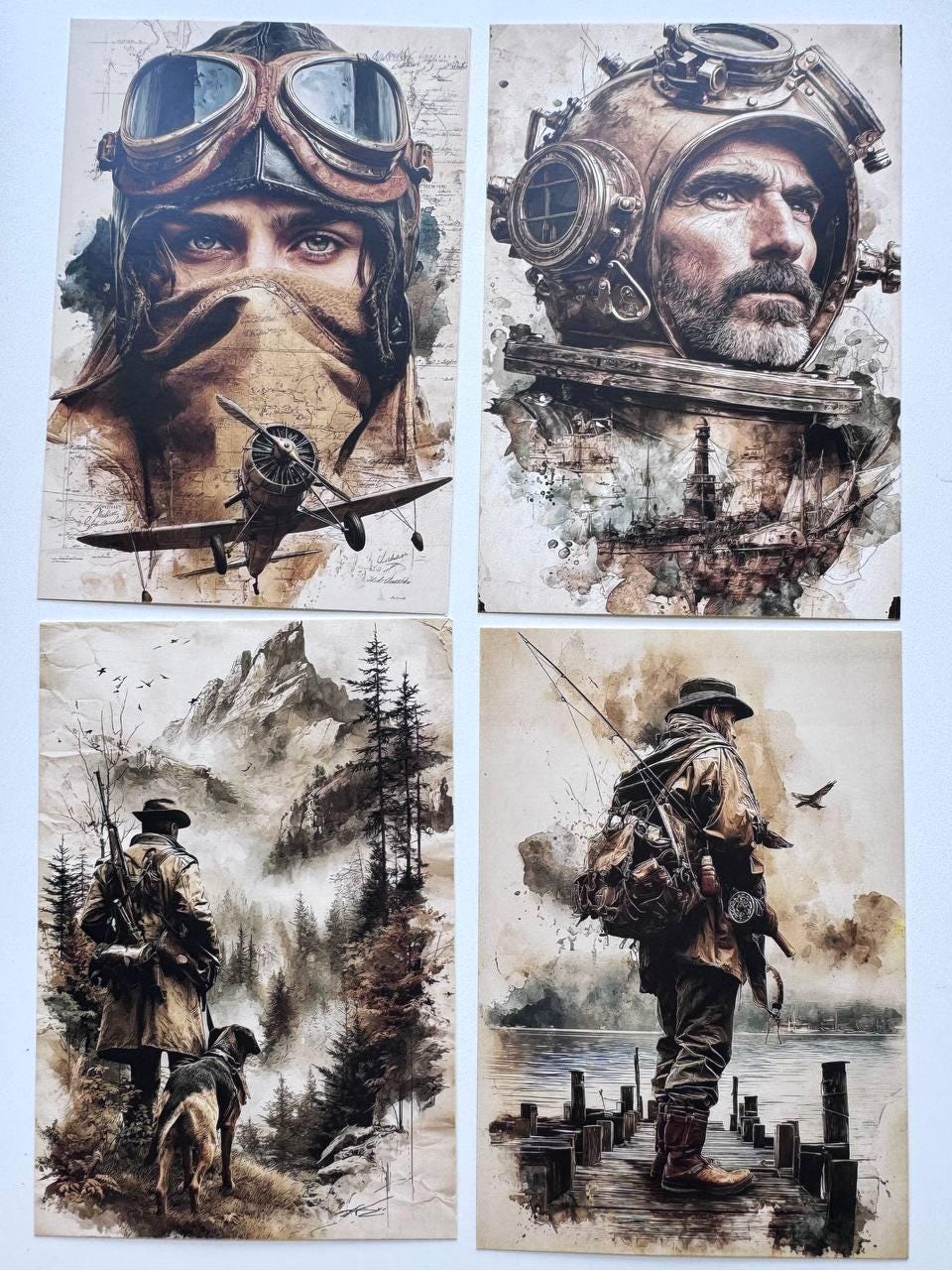 Set of 20 Vintage Men Postcards, Adventure & Travel Cards, Pilot Fisherman Camera Art, 10 x 14.5 cm, Junk Journal Ephemera