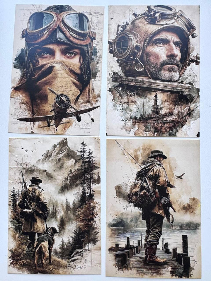 Set of 20 Vintage Men Postcards, Adventure & Travel Cards, Pilot Fisherman Camera Art, 10 x 14.5 cm, Junk Journal Ephemera