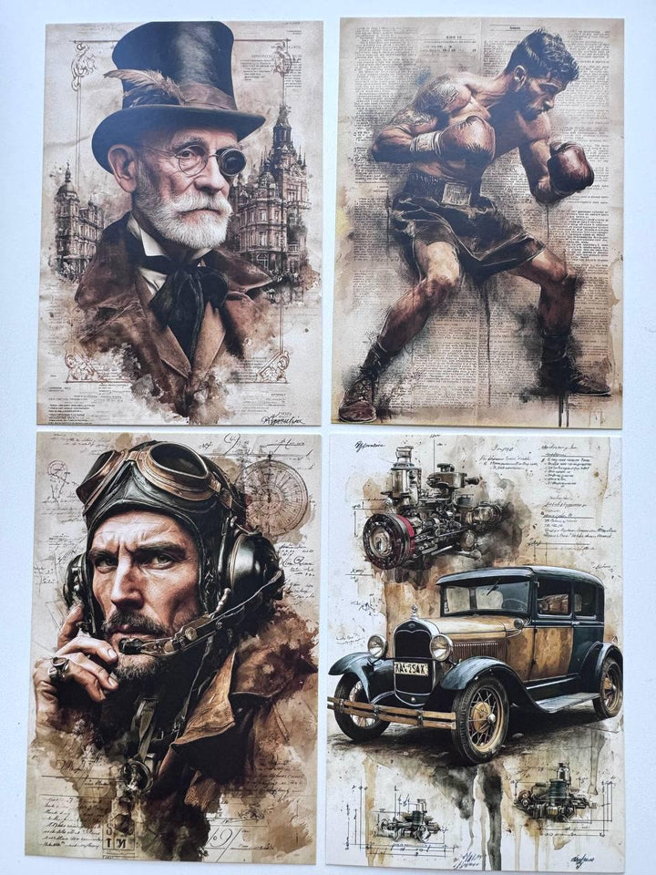 Set of 20 Vintage Men Postcards, Adventure & Travel Cards, Pilot Fisherman Camera Art, 10 x 14.5 cm, Junk Journal Ephemera