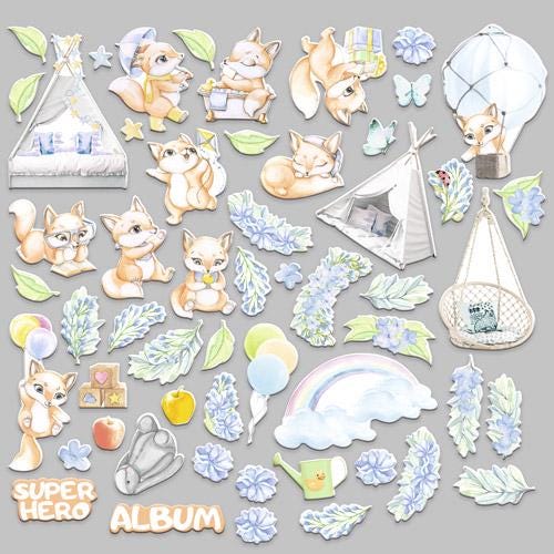 57 Cute Fox Boy Die Cuts, Woodland Scrapbook Ephemera, Baby Boy Paper Crafts, NOT Stickers, No Adhesive, Junk Journal Supplies