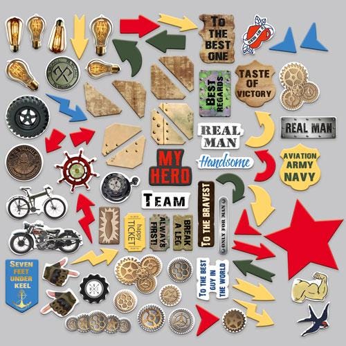 77 Military Style Die Cuts, Masculine Ephemera, Army & Motorcycle Cardstock Pieces, NOT Stickers, No Adhesive, Junk Journal