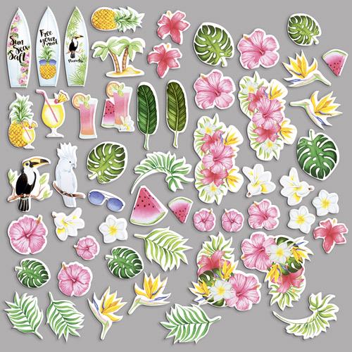 54 Wild Tropics Die Cuts, Tropical Flowers & Toucan Ephemera, Summer Scrapbooking Cardstock, NOT Stickers, No Adhesive
