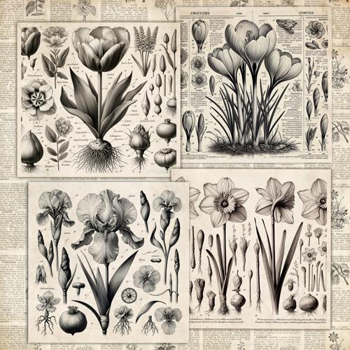 Spring Botanical Story Scrapbook Paper 8x8, 10 Double Sided Sheets, Floral Vintage Paper, Junk Journal Supplies