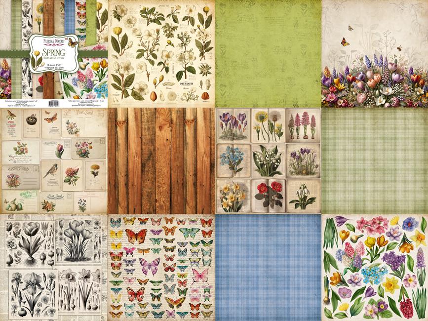 Spring Botanical Story Scrapbook Paper 8x8, 10 Double Sided Sheets, Floral Vintage Paper, Junk Journal Supplies