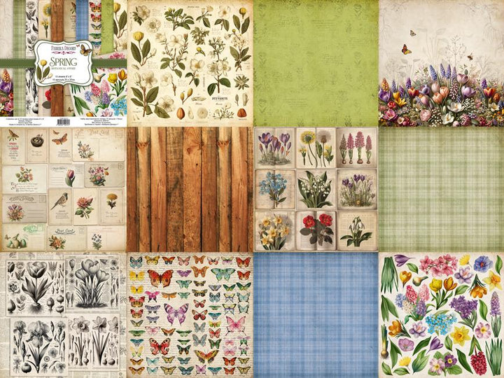 Spring Botanical Story Scrapbook Paper 8x8, 10 Double Sided Sheets, Floral Vintage Paper, Junk Journal Supplies