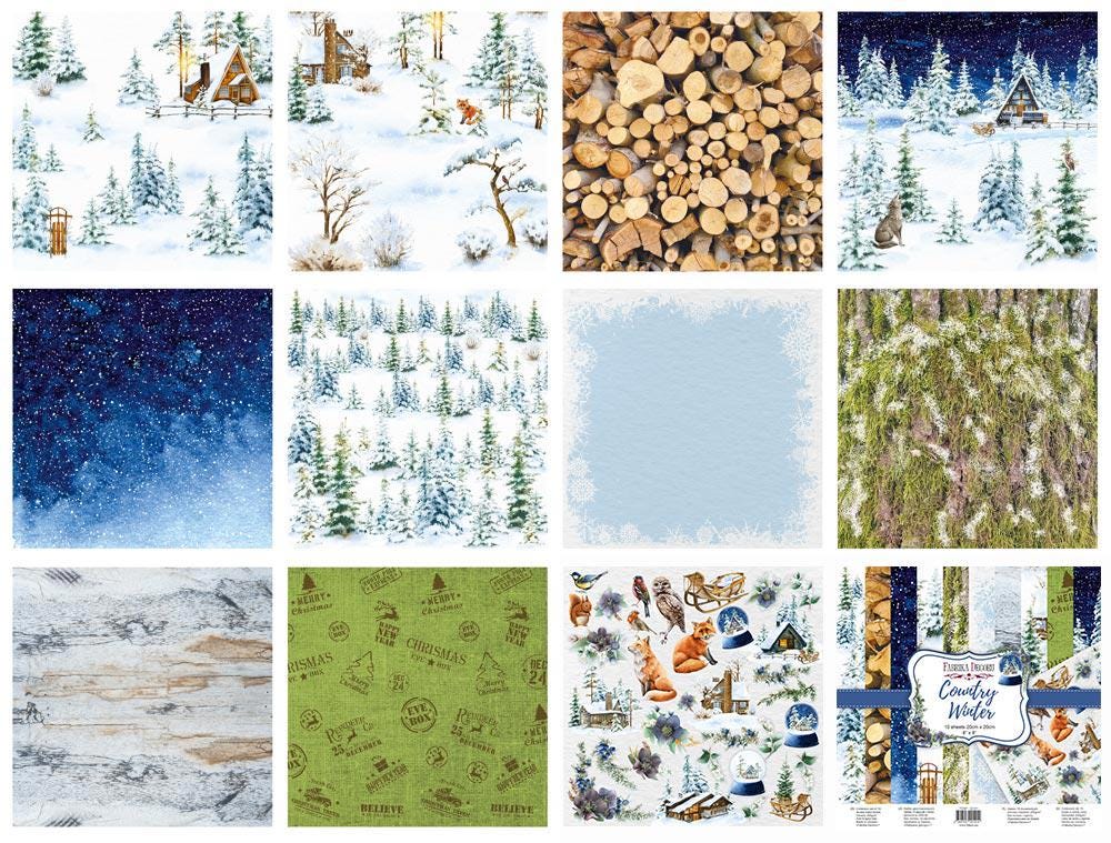 Country Winter Scrapbook Paper 8x8, Winter Woodland Paper, 10 Double Sided Sheets, Christmas Junk Journal & Card Making Supplies