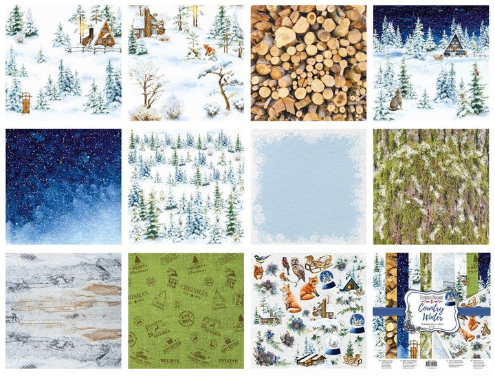Country Winter Scrapbook Paper 8x8, Winter Woodland Paper, 10 Double Sided Sheets, Christmas Junk Journal & Card Making Supplies