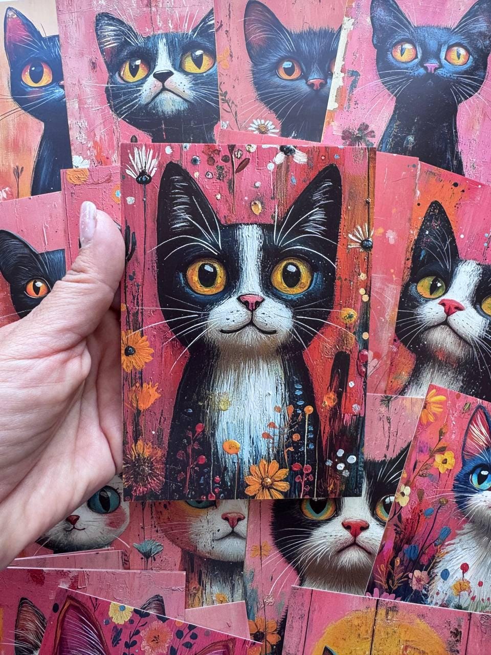 Set of 20 Black Cat Postcards 14.5 x 10 cm, Cute Cat Art Cards, Colourful Floral Cat Ephemera, Junk Journal Scrapbooking Supplies