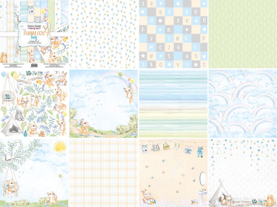 Funny Fox Boy Scrapbook Paper 8x8, 10 Double Sided Sheets, Cute Fox Paper, Baby Boy Album, Junk Journal, Card Making