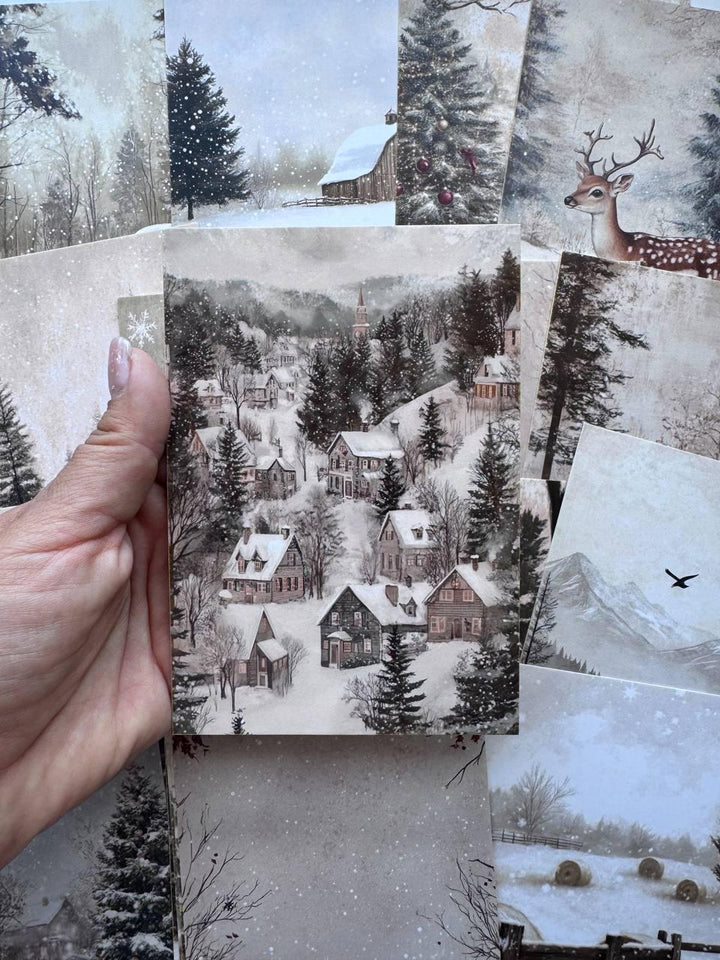 Set of 20 Winter Postcards 14.5 x 10 cm, Snowy Cottage Art Cards, Christmas Ephemera, Junk Journal Scrapbooking Supplies