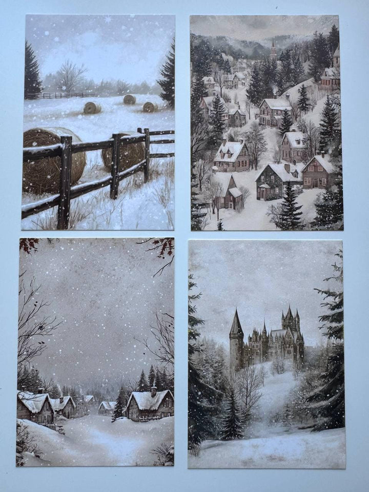 Set of 20 Winter Postcards 14.5 x 10 cm, Snowy Cottage Art Cards, Christmas Ephemera, Junk Journal Scrapbooking Supplies