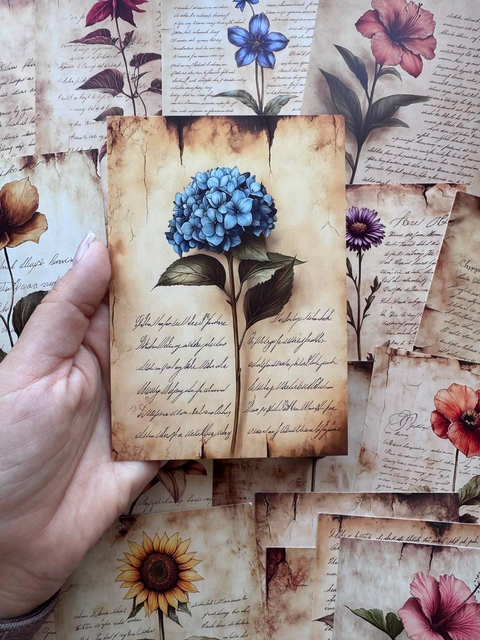 Set of 20 Vintage Floral Postcards 14.5 x 10 cm, Botanical Flower Ephemera Cards, Junk Journal Scrapbooking Supplies