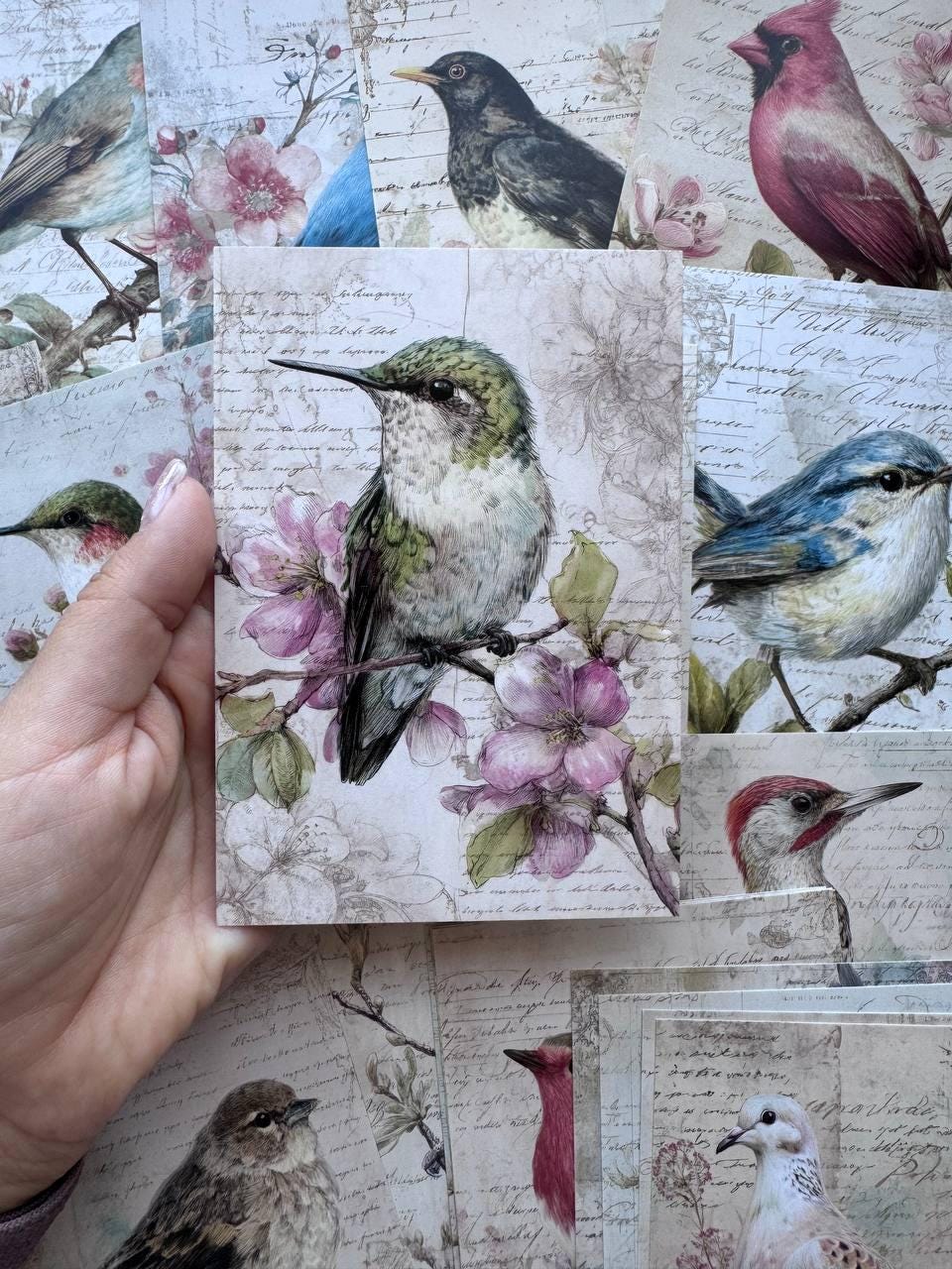 Set of 20 Vintage Bird Postcards 14.5 x 10 cm, Floral Bird Art Cards, Botanical Ephemera, Junk Journal Scrapbooking Supplies