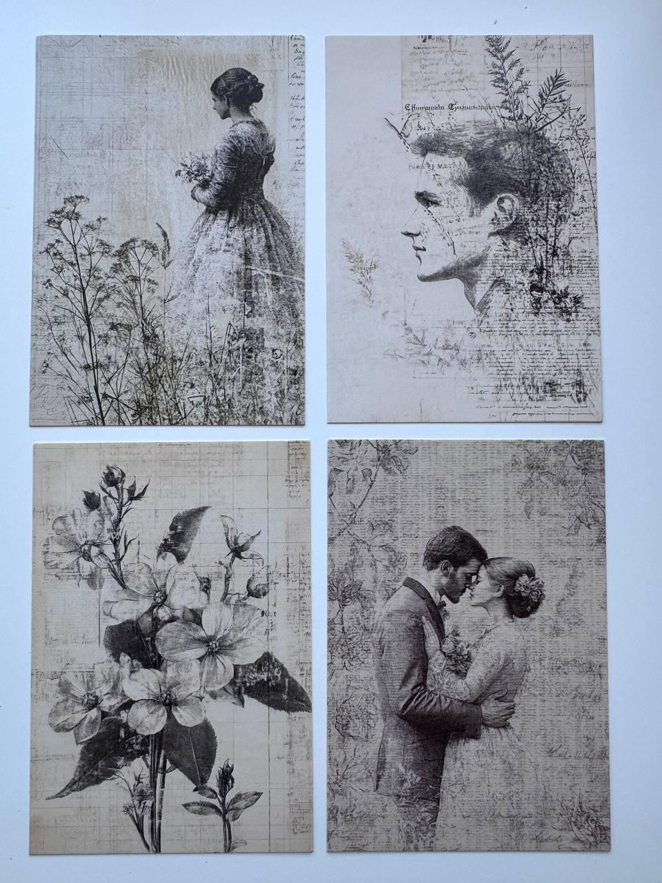 Set of 20 Vintage Collage Postcards 14.5 x 10 cm, Monochrome Portrait Art Cards, Ephemera for Junk Journal Scrapbooking