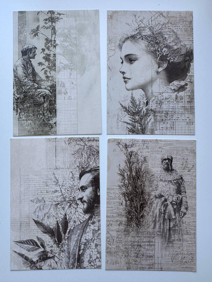 Set of 20 Vintage Collage Postcards 14.5 x 10 cm, Monochrome Portrait Art Cards, Ephemera for Junk Journal Scrapbooking