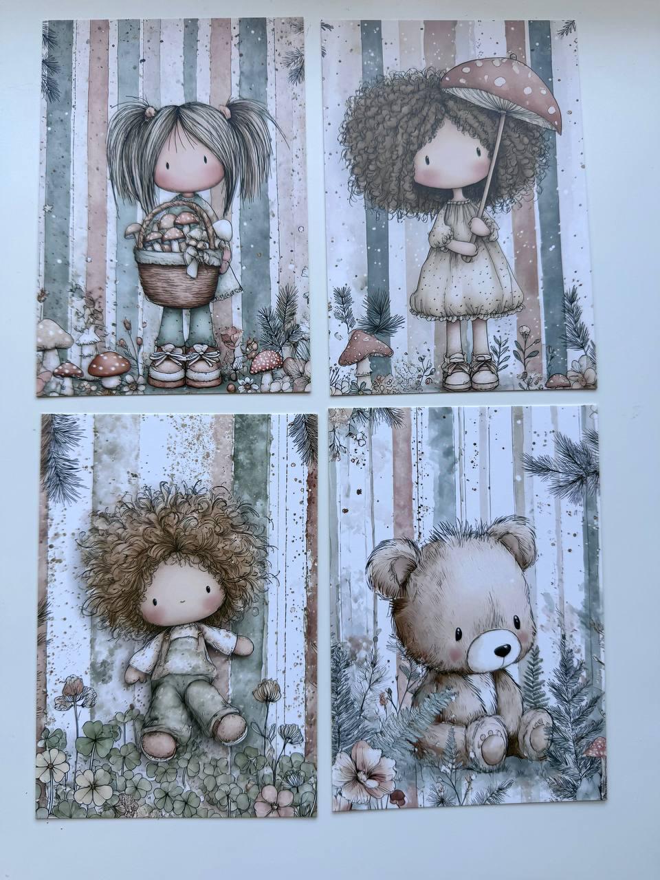 Set of 20 Cute Woodland Postcards 14.5 x 10 cm, Whimsical Girls & Animals, Forest Ephemera, Junk Journal Scrapbooking Cards