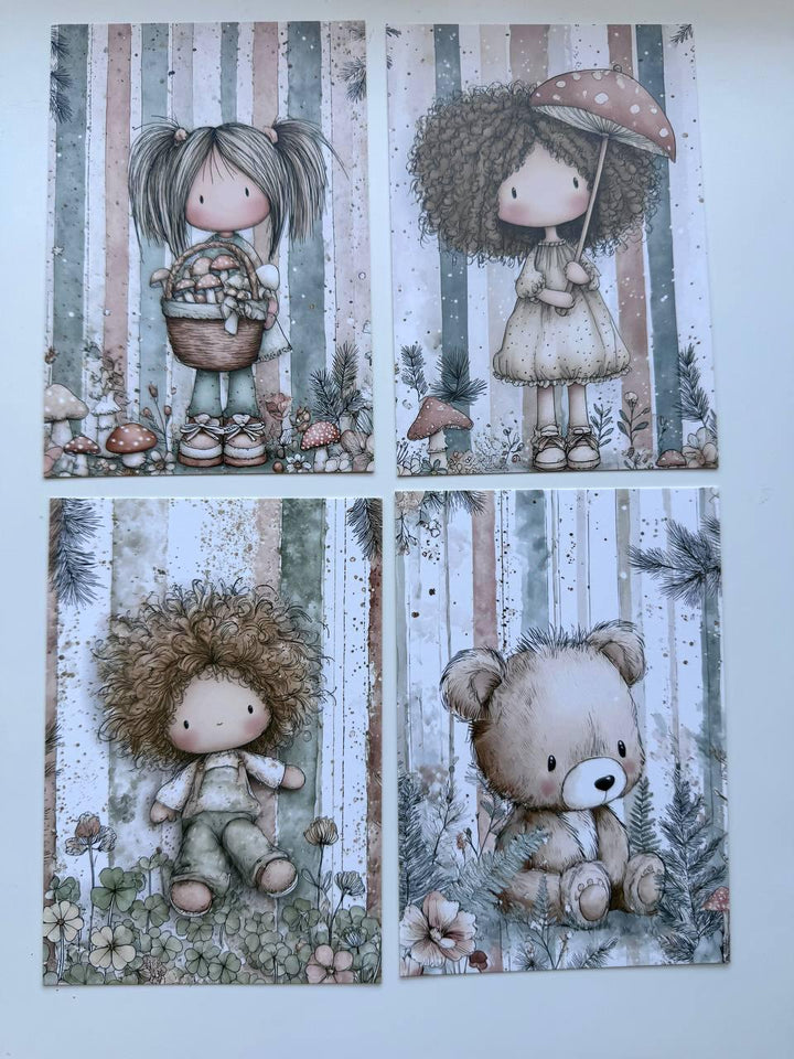 Set of 20 Cute Woodland Postcards 14.5 x 10 cm, Whimsical Girls & Animals, Forest Ephemera, Junk Journal Scrapbooking Cards