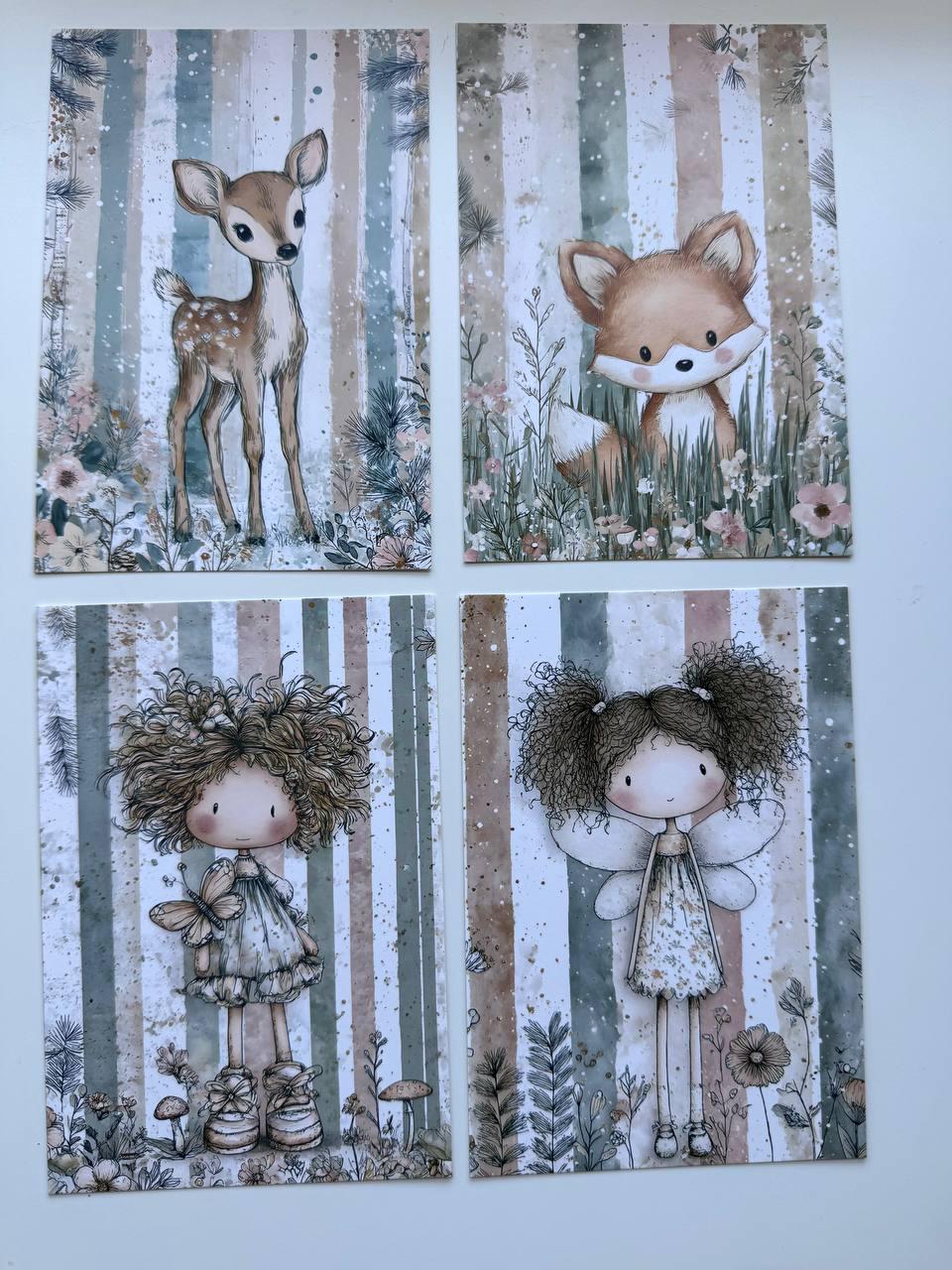 Set of 20 Cute Woodland Postcards 14.5 x 10 cm, Whimsical Girls & Animals, Forest Ephemera, Junk Journal Scrapbooking Cards