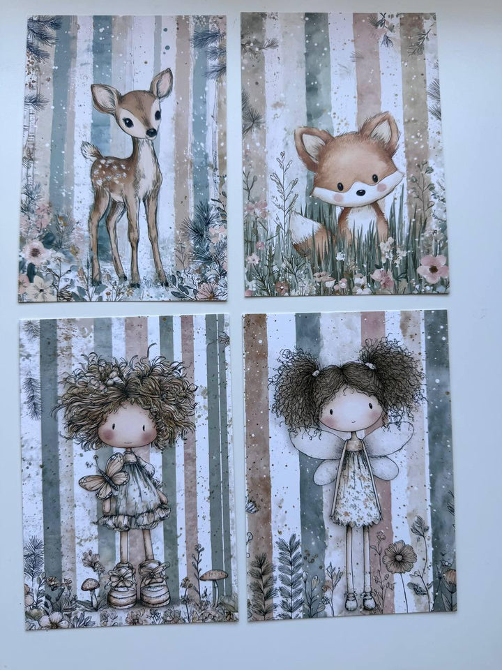 Set of 20 Cute Woodland Postcards 14.5 x 10 cm, Whimsical Girls & Animals, Forest Ephemera, Junk Journal Scrapbooking Cards