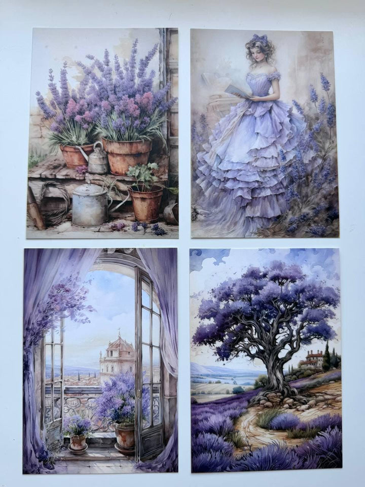 Set of 20 Lavender Postcards 14.5 x 10 cm, Purple Floral Cards, Provence Cottagecore Ephemera, Junk Journal Scrapbooking Supplies