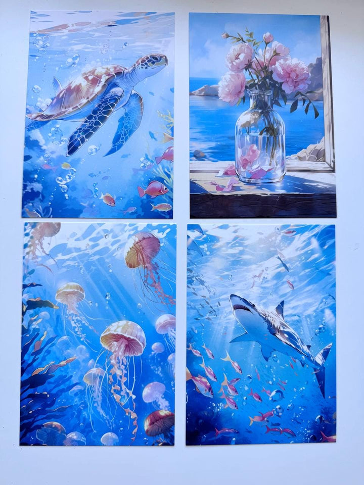 Set of 20 Ocean Postcards 14.5 x 10 cm, Sea Turtle Shark Jellyfish Cards, Nautical Ephemera, Junk Journal Scrapbooking Supplies
