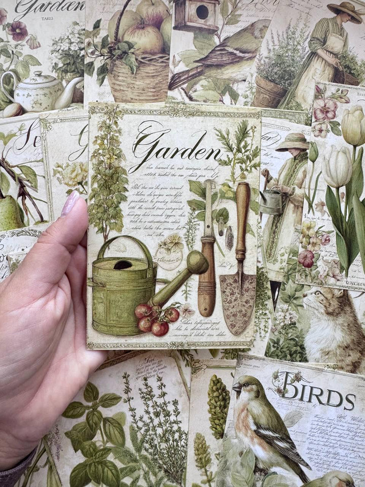Set of 20 Vintage Garden Postcards 14.5 x 10 cm, Botanical Birds Cat Flowers, Cottagecore Ephemera, Junk Journal Scrapbooking Cards