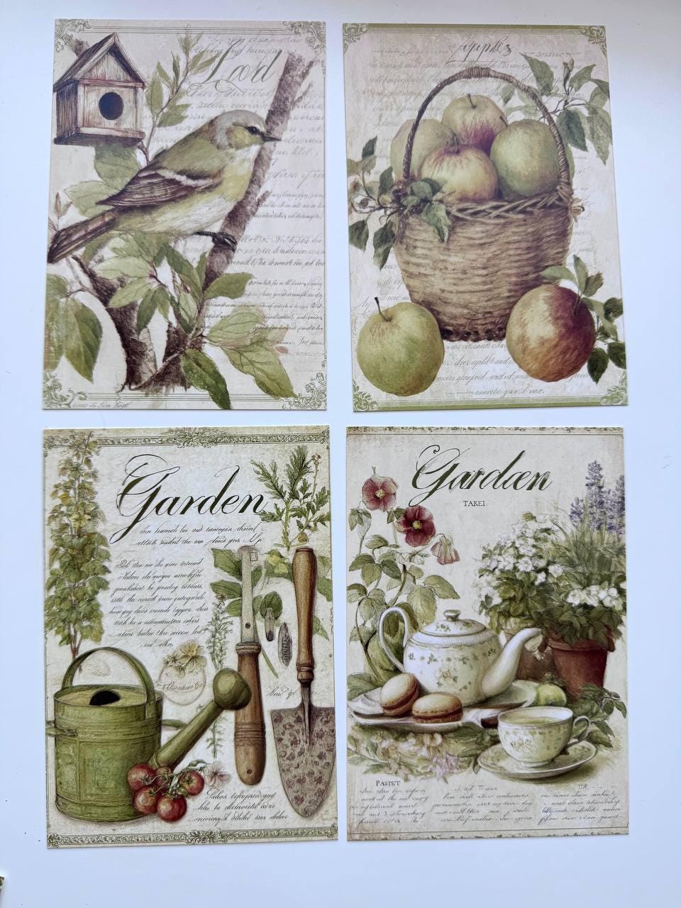 Set of 20 Vintage Garden Postcards 14.5 x 10 cm, Botanical Birds Cat Flowers, Cottagecore Ephemera, Junk Journal Scrapbooking Cards