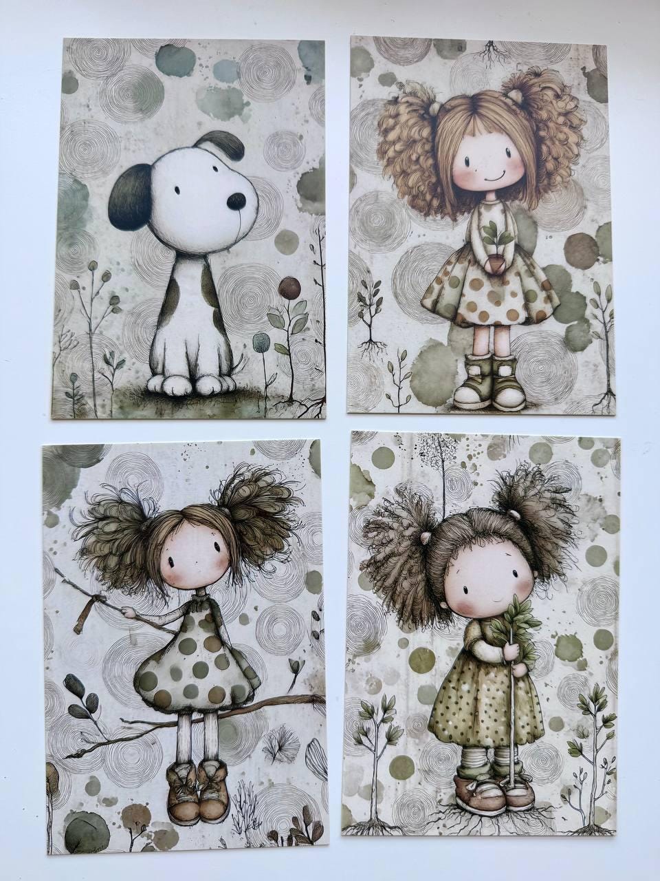 Set of 20 Cute Woodland Postcards 14.5 x 10 cm, Whimsical Girls Animals Birds, Cottagecore Ephemera, Junk Journal Scrapbooking Cards