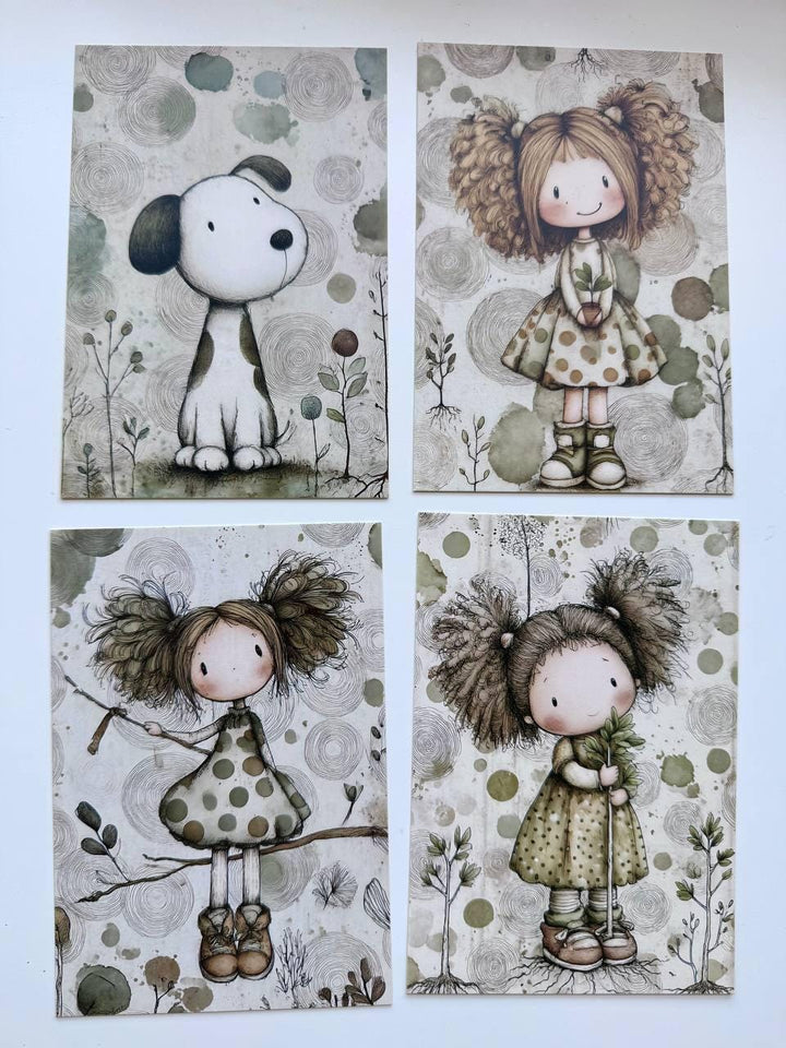 Set of 20 Cute Woodland Postcards 14.5 x 10 cm, Whimsical Girls Animals Birds, Cottagecore Ephemera, Junk Journal Scrapbooking Cards