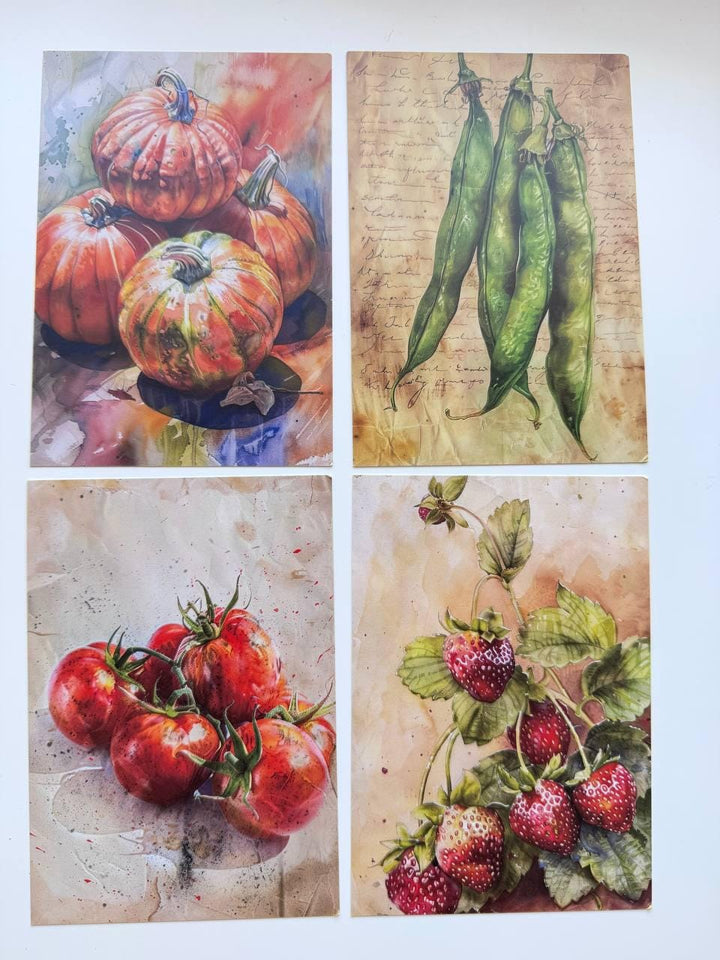 Set of 20 Garden Postcards 14.5 x 10 cm, Watercolour Fruit Vegetables Birds, Cottagecore Ephemera, Junk Journal Scrapbooking Cards