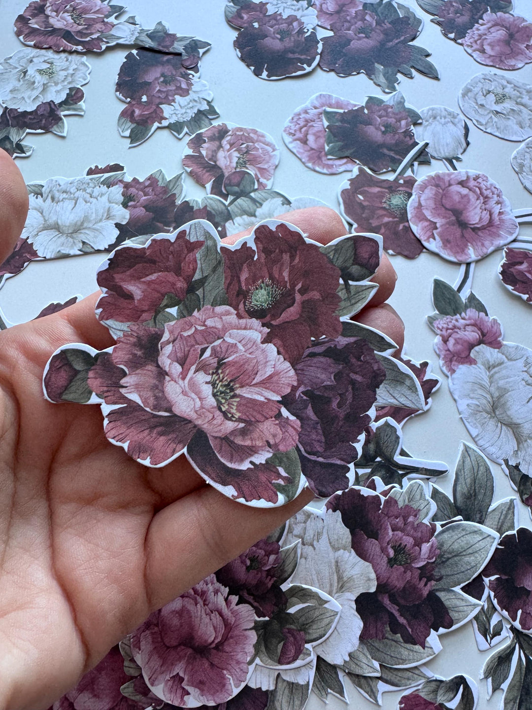 63 Peony Flower Die Cuts, Burgundy Pink Floral Ephemera, Cardstock Flowers, NOT Stickers, No Adhesive, Junk Journal Supplies