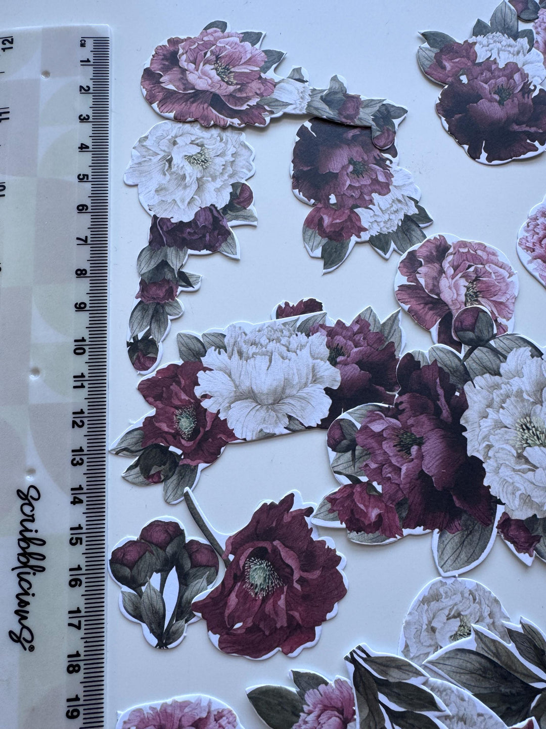 63 Peony Flower Die Cuts, Burgundy Pink Floral Ephemera, Cardstock Flowers, NOT Stickers, No Adhesive, Junk Journal Supplies