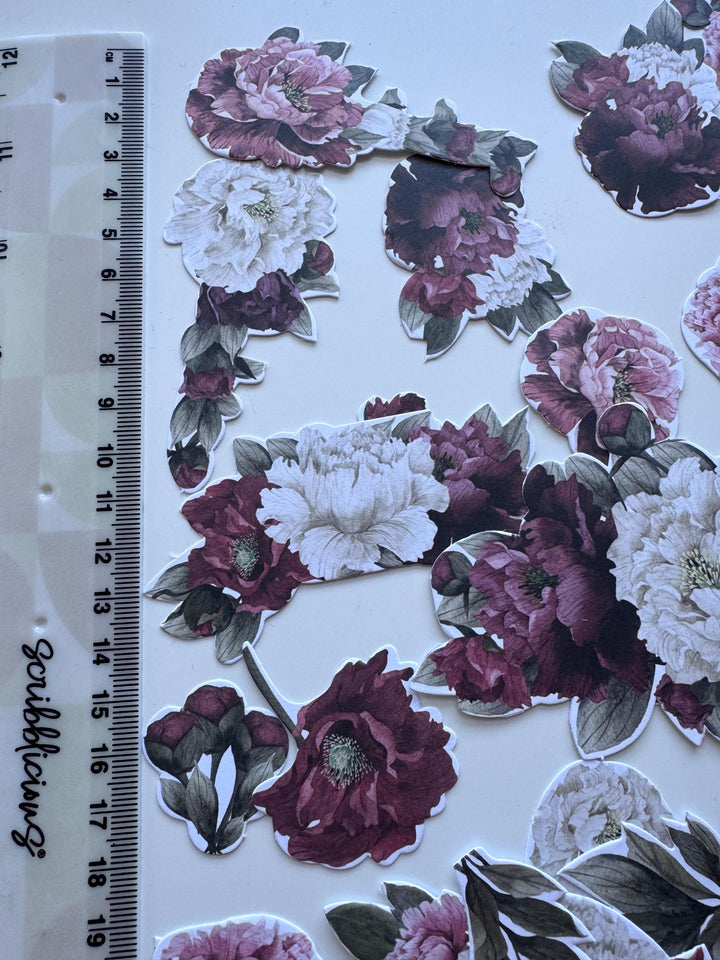 63 Peony Flower Die Cuts, Burgundy Pink Floral Ephemera, Cardstock Flowers, NOT Stickers, No Adhesive, Junk Journal Supplies