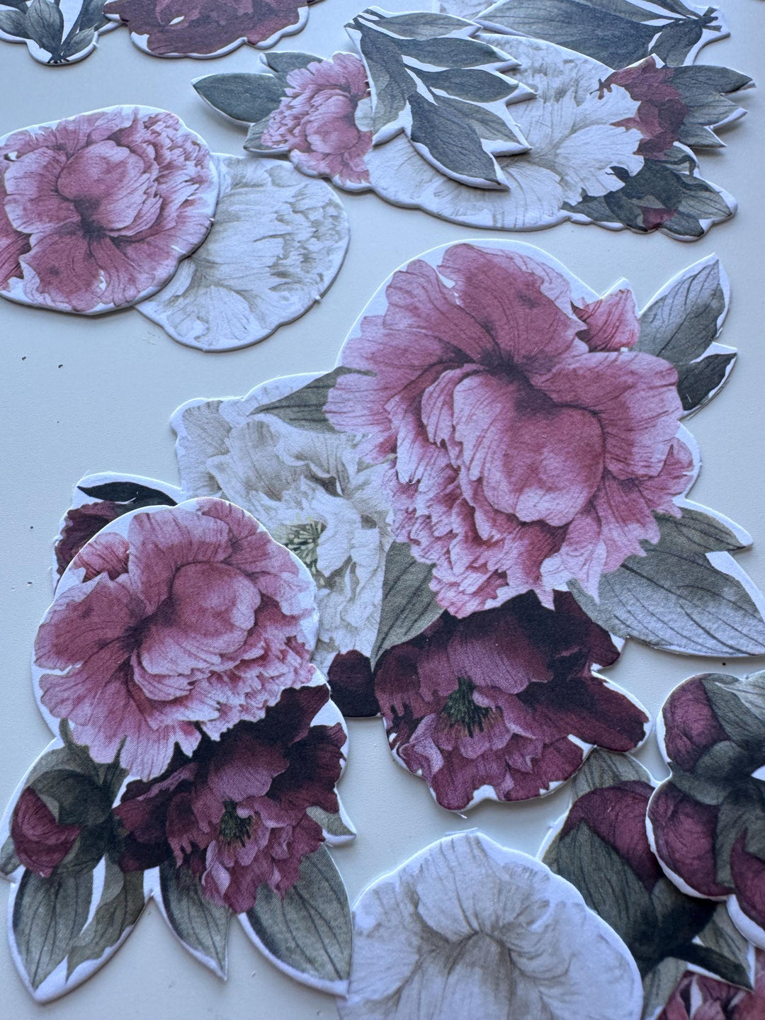 63 Peony Flower Die Cuts, Burgundy Pink Floral Ephemera, Cardstock Flowers, NOT Stickers, No Adhesive, Junk Journal Supplies