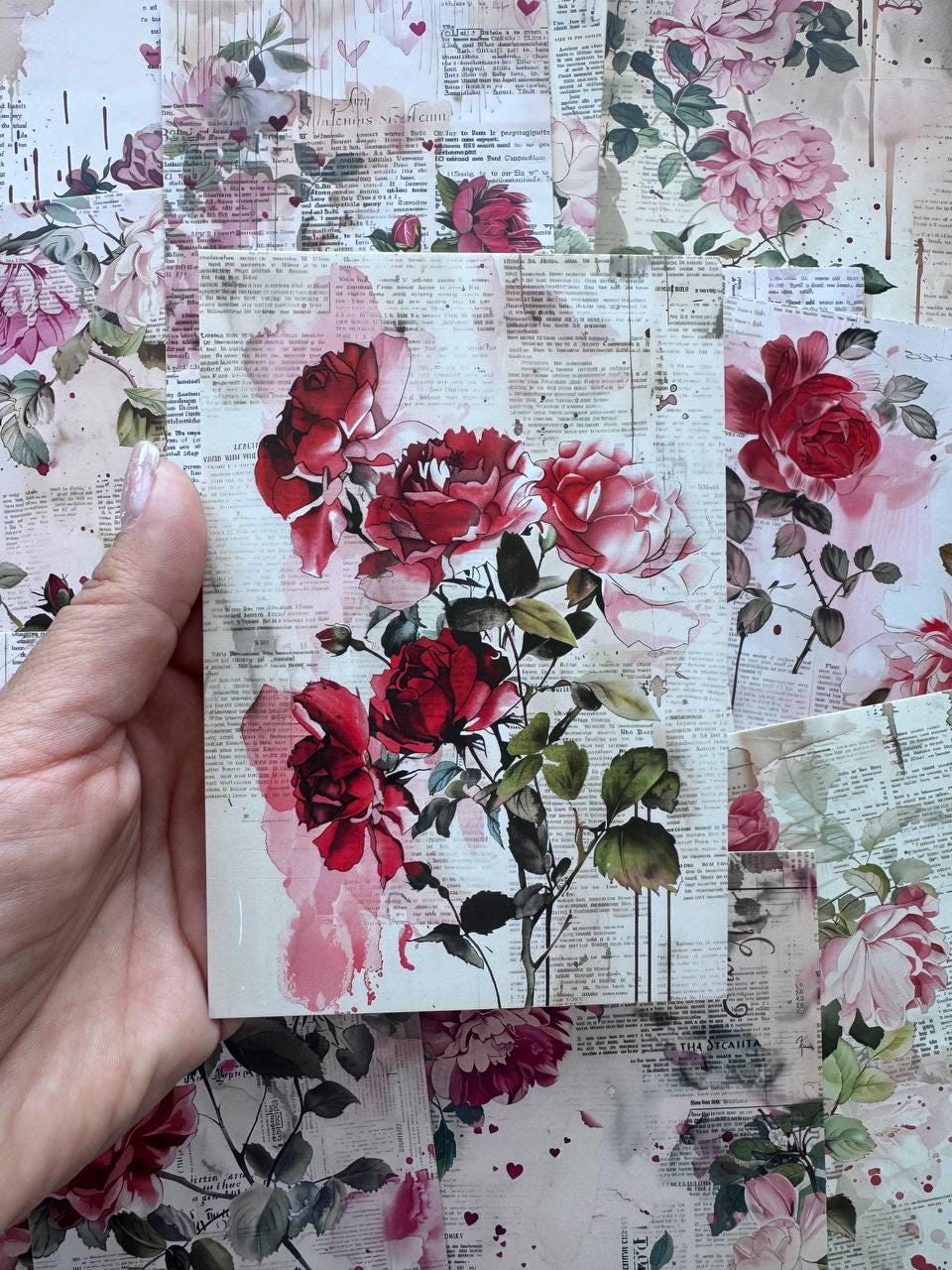 Set of 20 Vintage Rose Postcards 14.5 x 10 cm, Floral Collage Cards, Romantic Botanical Ephemera, Junk Journal Scrapbooking Supplies