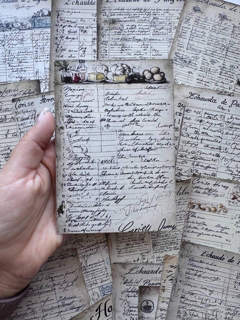 Set of 20 Vintage French Script Postcards 14.5 x 10 cm, Antique Ledger Ephemera Cards, Junk Journal Scrapbooking Supplies