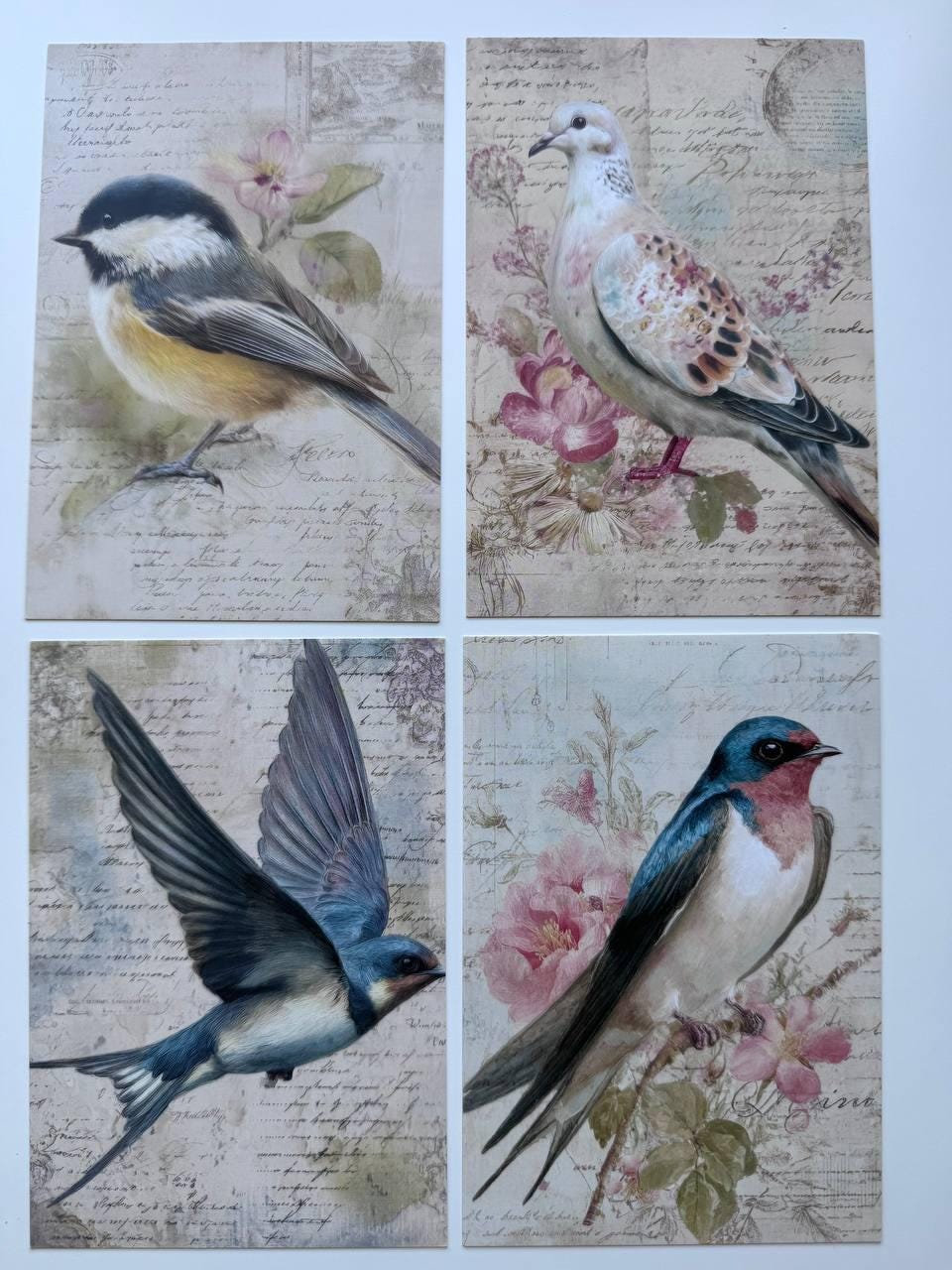 Set of 20 Vintage Bird Postcards 14.5 x 10 cm, Floral Bird Art Cards, Botanical Ephemera, Junk Journal Scrapbooking Supplies
