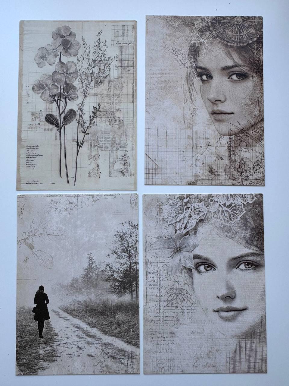 Set of 20 Vintage Collage Postcards 14.5 x 10 cm, Monochrome Portrait Art Cards, Ephemera for Junk Journal Scrapbooking