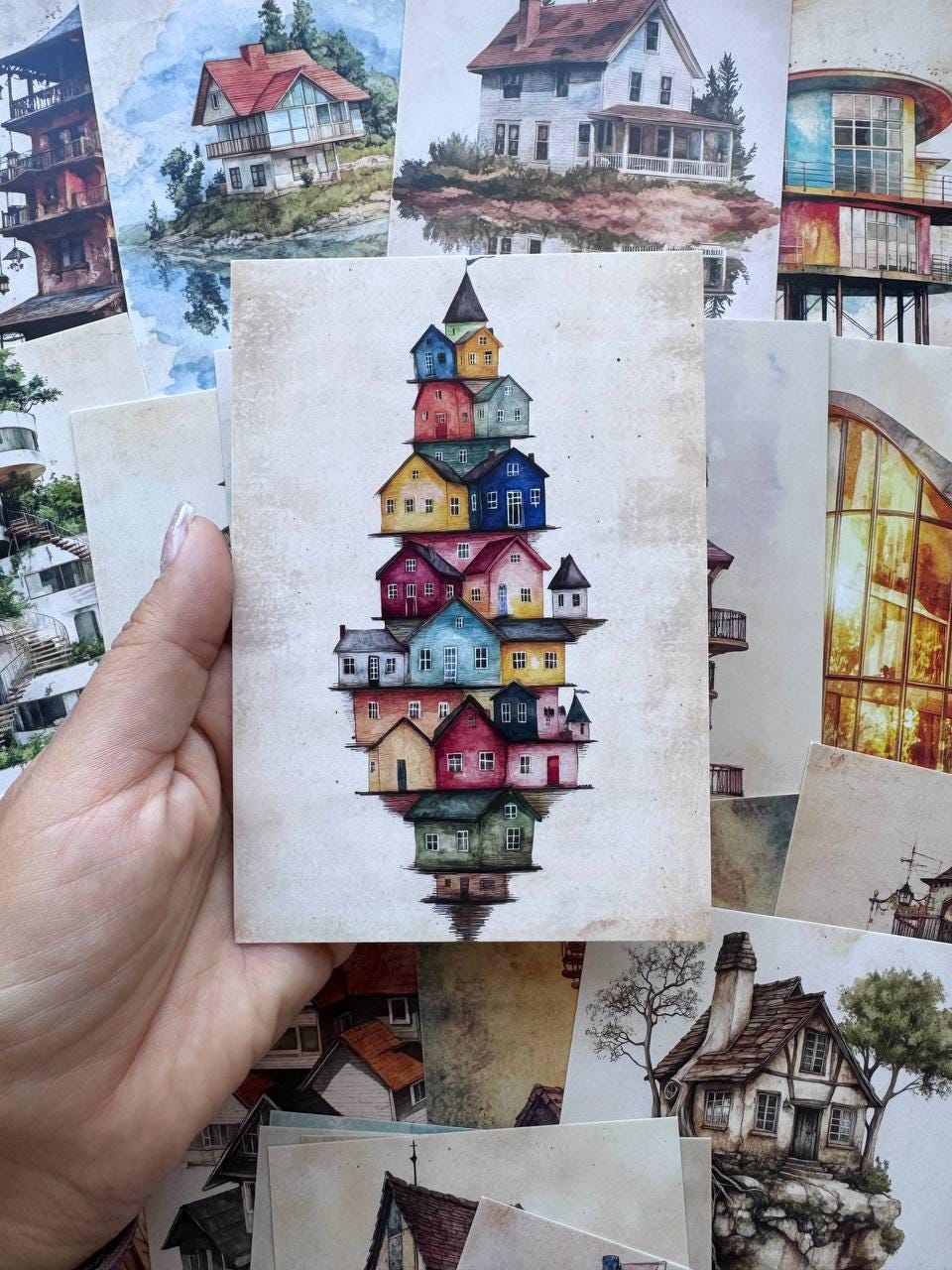 Set of 20 Architectural Postcards 14.5 x 10 cm, Whimsical House Art Cards, Unique Building Ephemera, Junk Journal Scrapbooking Supplies