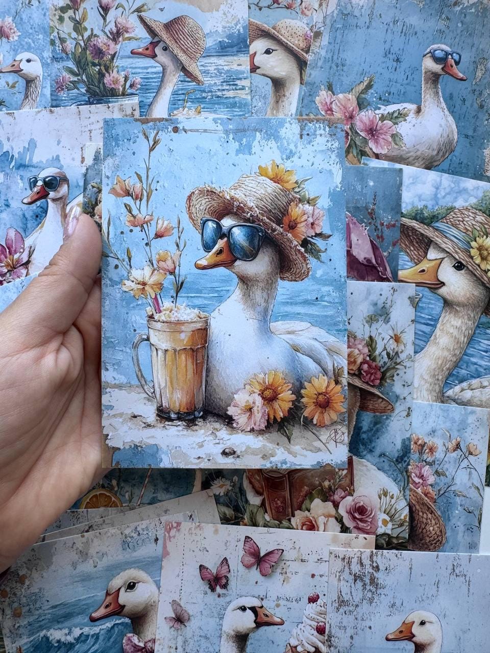 Set of 20 Cute Goose Postcards 14.5 x 10 cm, Summer Duck Art Cards, Cottagecore Bird Ephemera, Junk Journal Scrapbooking Supplies