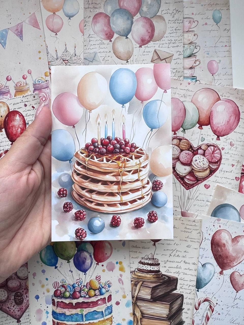 Set of 20 Birthday Postcards 14.5 x 10 cm, Watercolour Party Cards, Balloons Cake Cupcakes Ephemera, Junk Journal Scrapbooking Supplies
