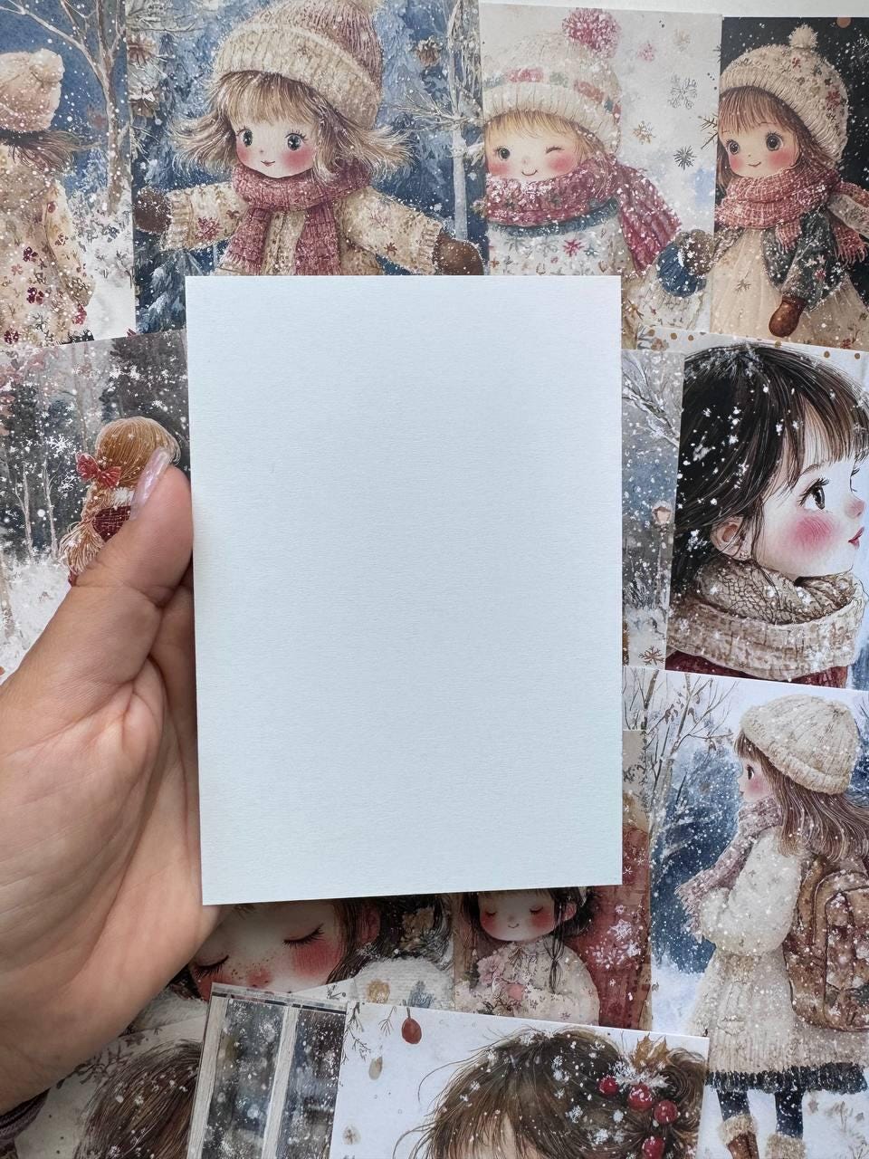 Set of 20 Winter Girl Postcards 14.5 x 10 cm, Cute Snowy Illustration Cards, Christmas Ephemera, Junk Journal Supplies