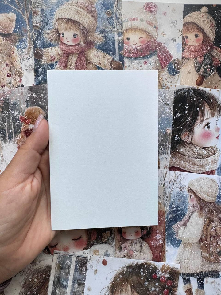 Set of 20 Winter Girl Postcards 14.5 x 10 cm, Cute Snowy Illustration Cards, Christmas Ephemera, Junk Journal Supplies