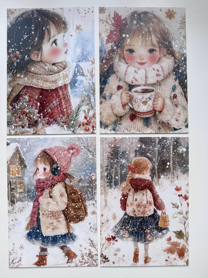 Set of 20 Winter Girl Postcards 14.5 x 10 cm, Cute Snowy Illustration Cards, Christmas Ephemera, Junk Journal Supplies