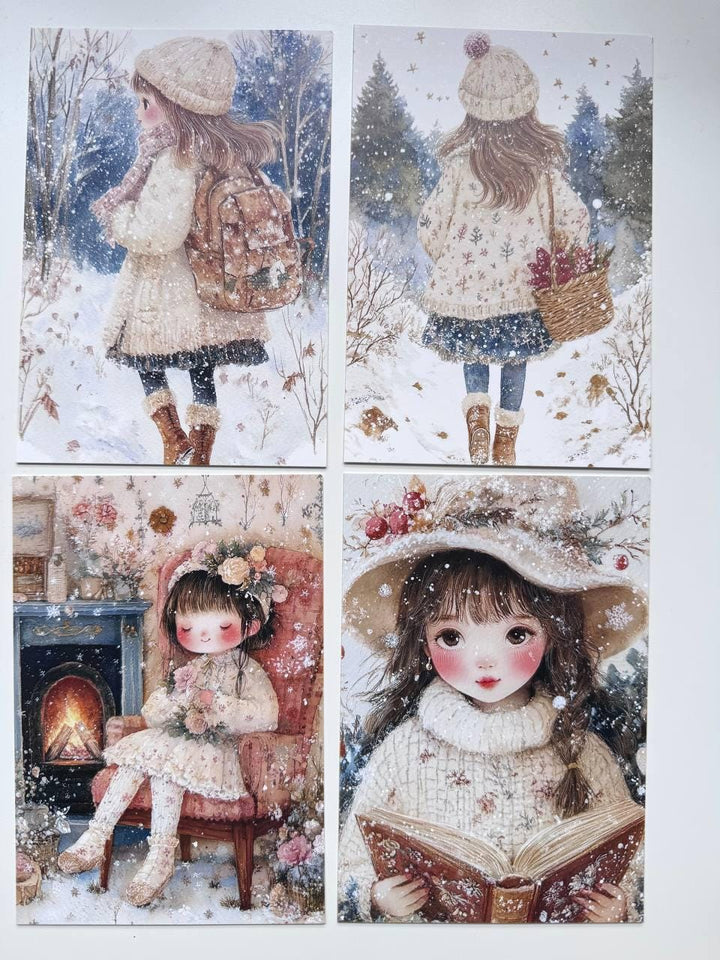 Set of 20 Winter Girl Postcards 14.5 x 10 cm, Cute Snowy Illustration Cards, Christmas Ephemera, Junk Journal Supplies